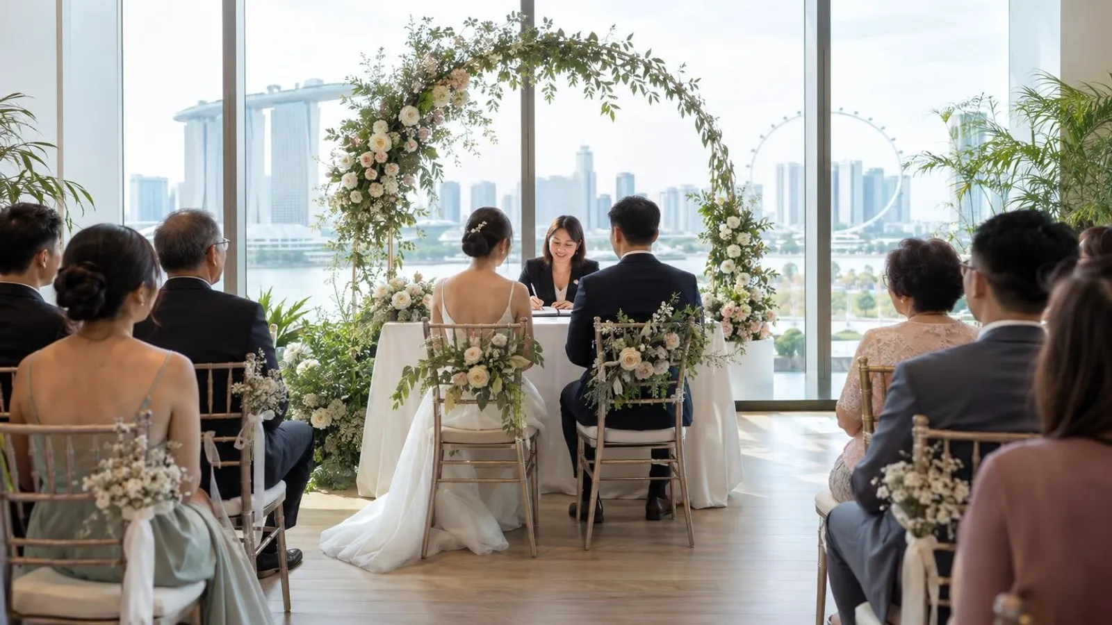 A solemnisation ceremony with a floral arch and registrar table at a waterfront Singapore venue