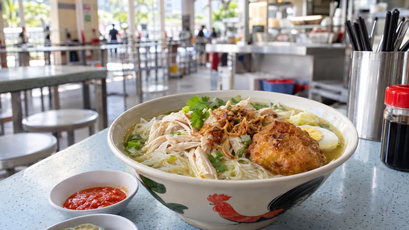 A bowl of soto ayam chicken soup with bee hoon, begedil and fried shallots at a bright Singapore hawker stall