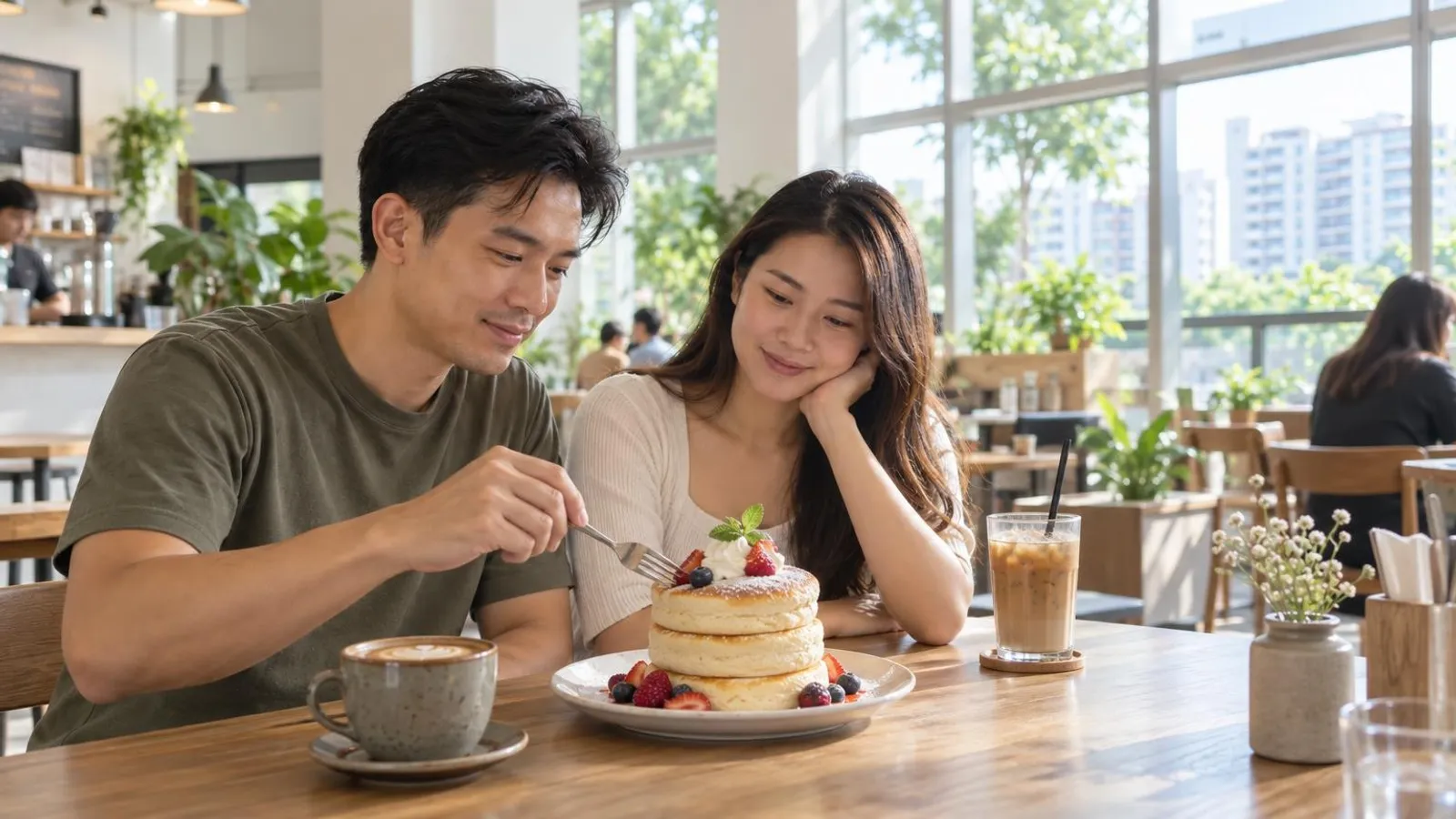 A tall stack of jiggly souffle pancakes with berries and cream at a bright modern Singapore cafe