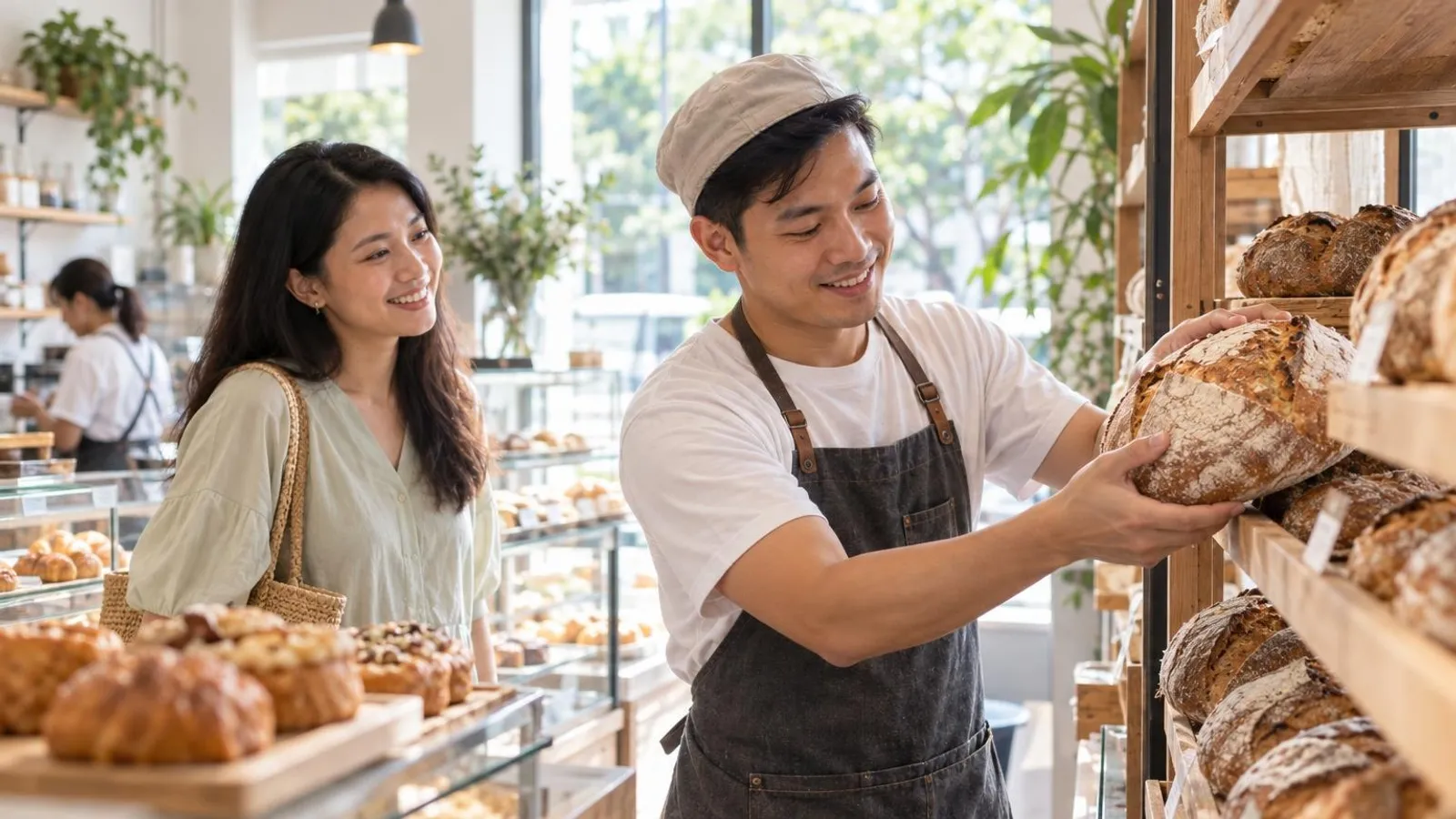 Sourdough Bakeries: a customer and a provider in a bright, modern setting