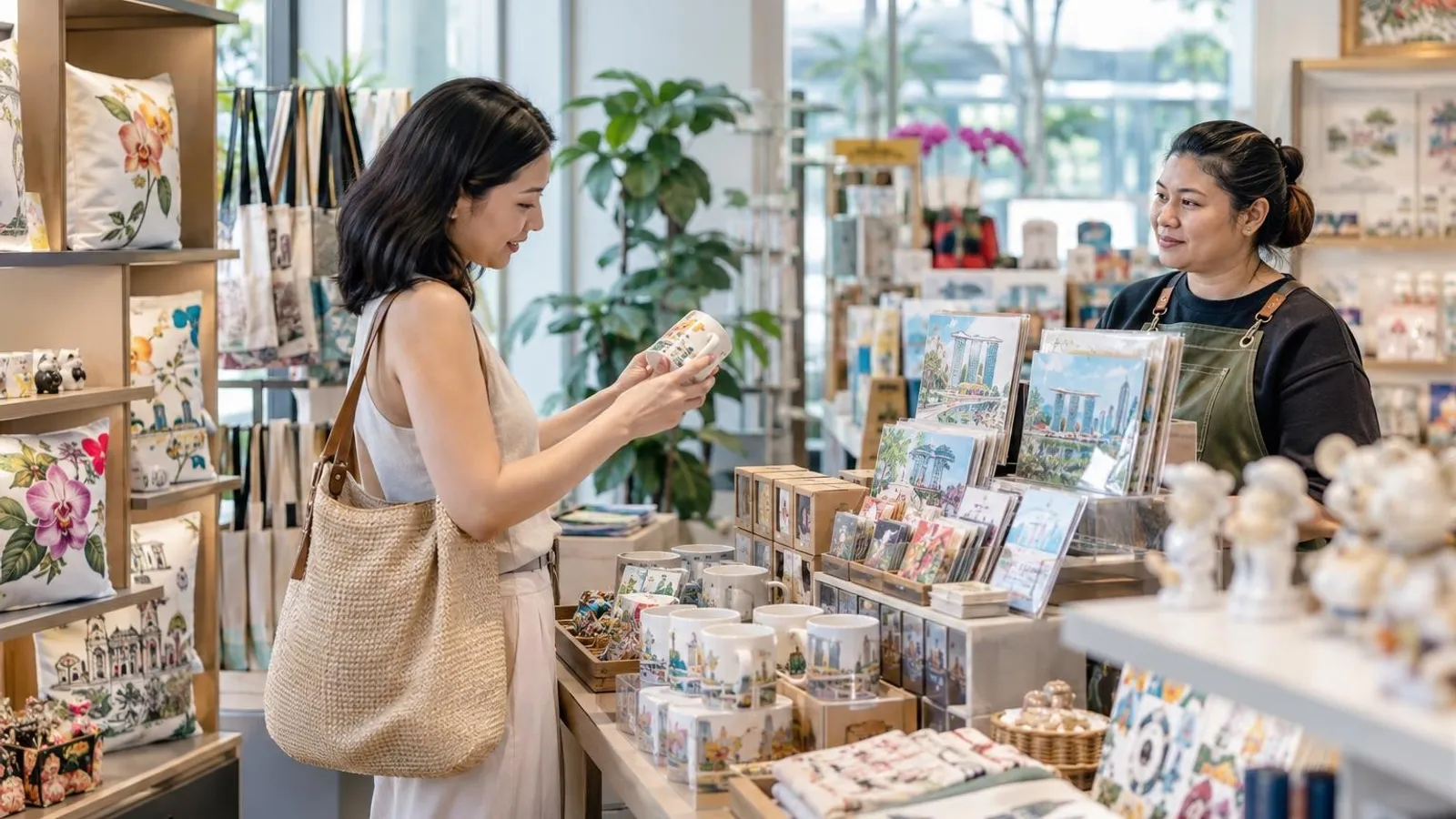 Souvenir Shops: a customer and a provider in a bright, modern setting