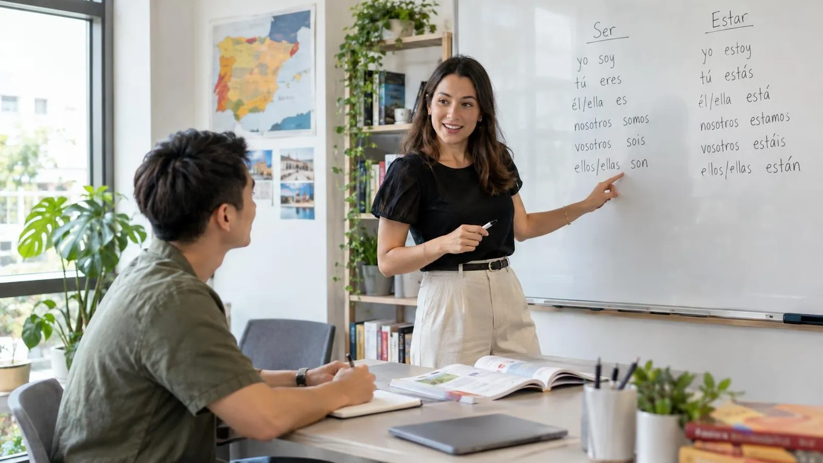 Spanish Classes: a customer and a provider in a bright, modern setting