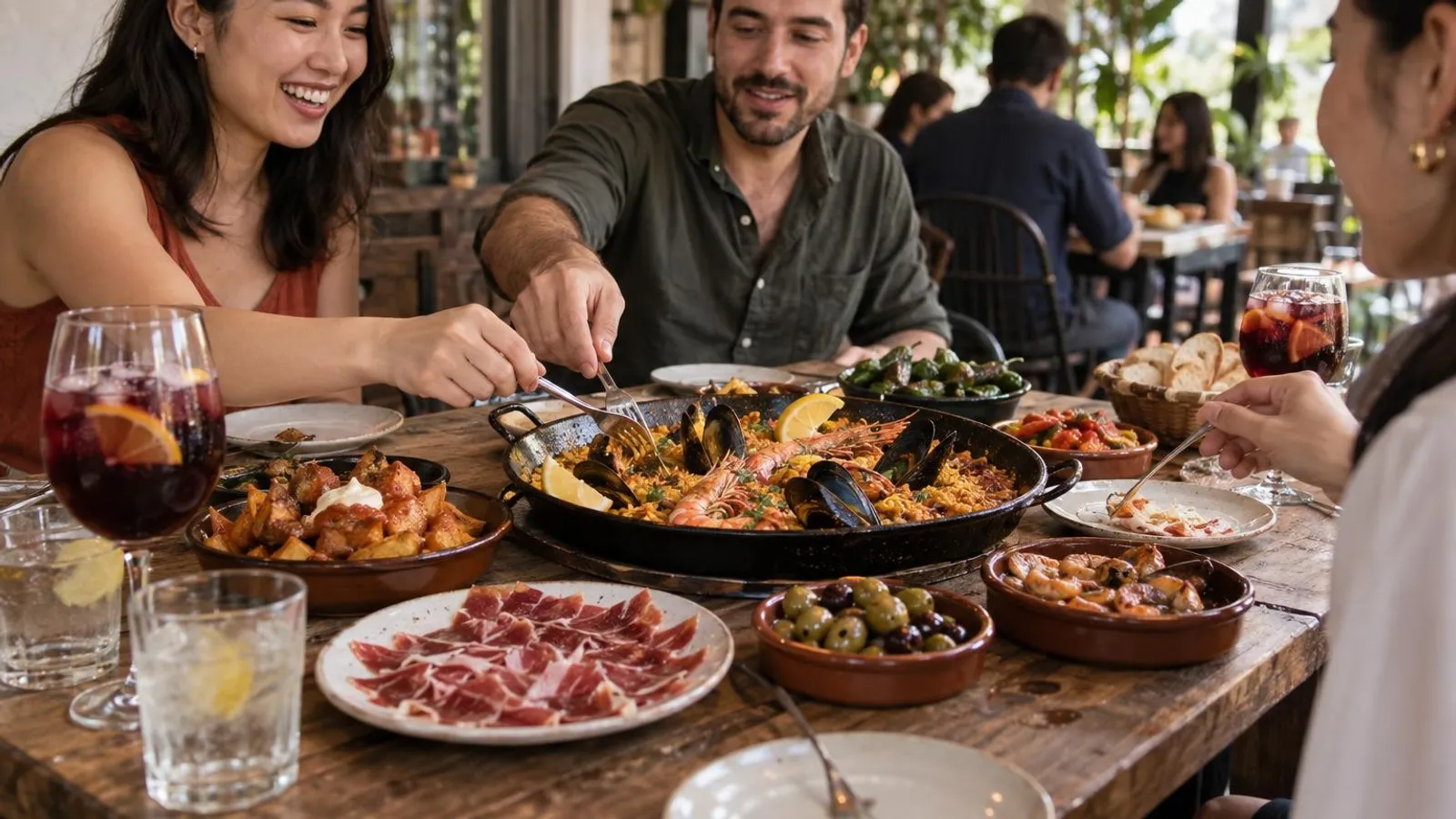 A Spanish tapas and paella spread with jamon and sangria on a table at a Singapore restaurant