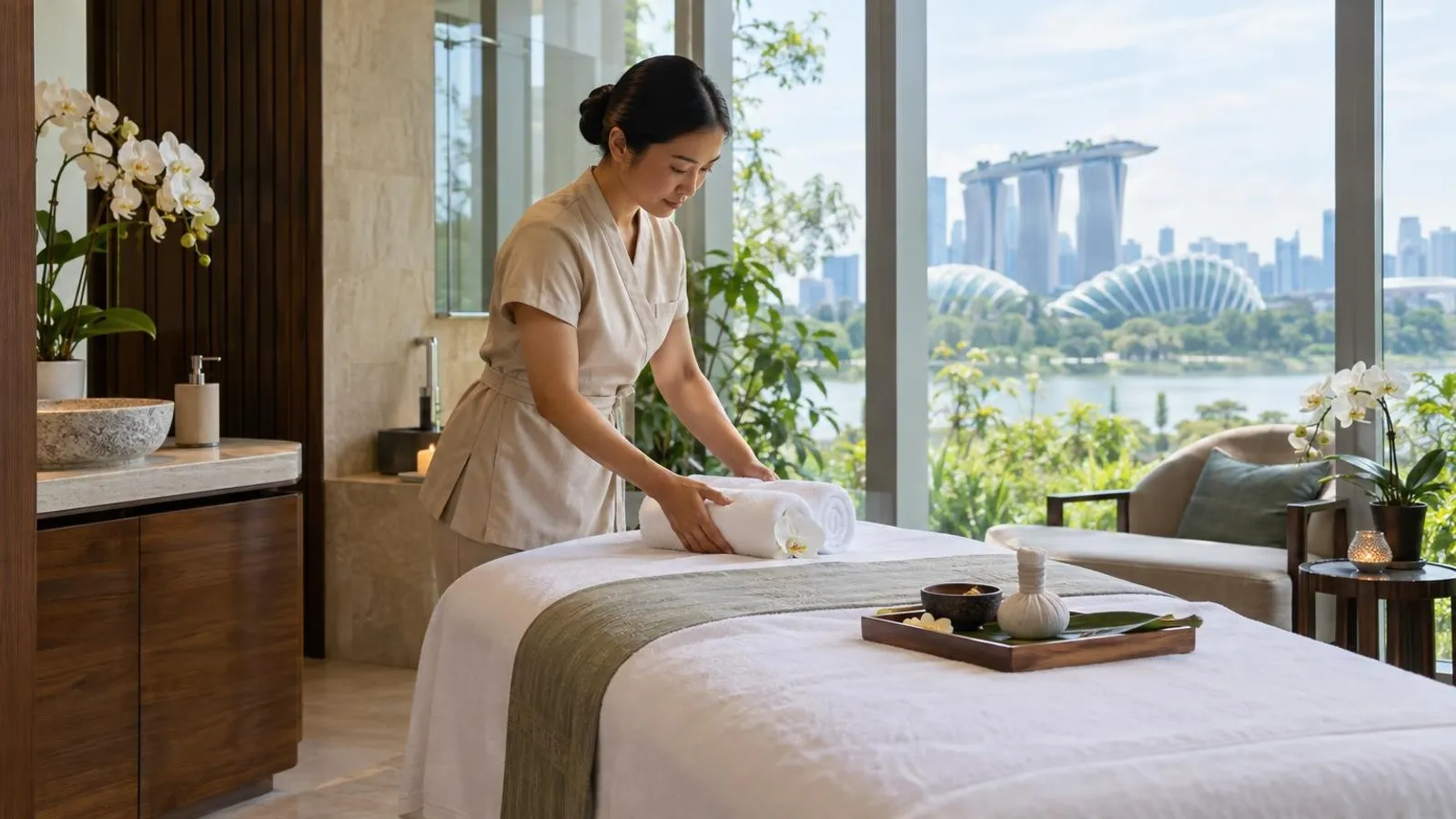 A serene, bright Singapore day-spa treatment room with a neatly made bed, rolled towels and orchids
