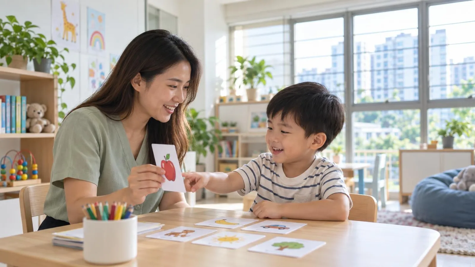 A speech therapist doing a picture-card language exercise with a young child in a bright cheerful Singapore therapy room