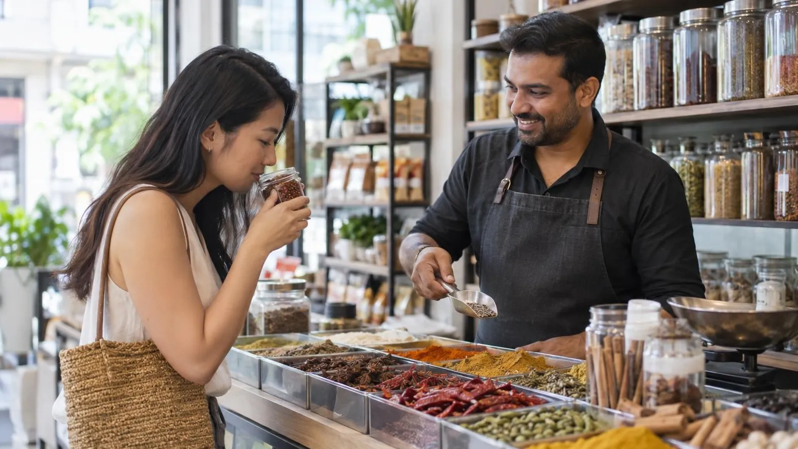 Spice Shops: a customer and a provider in a bright, modern setting