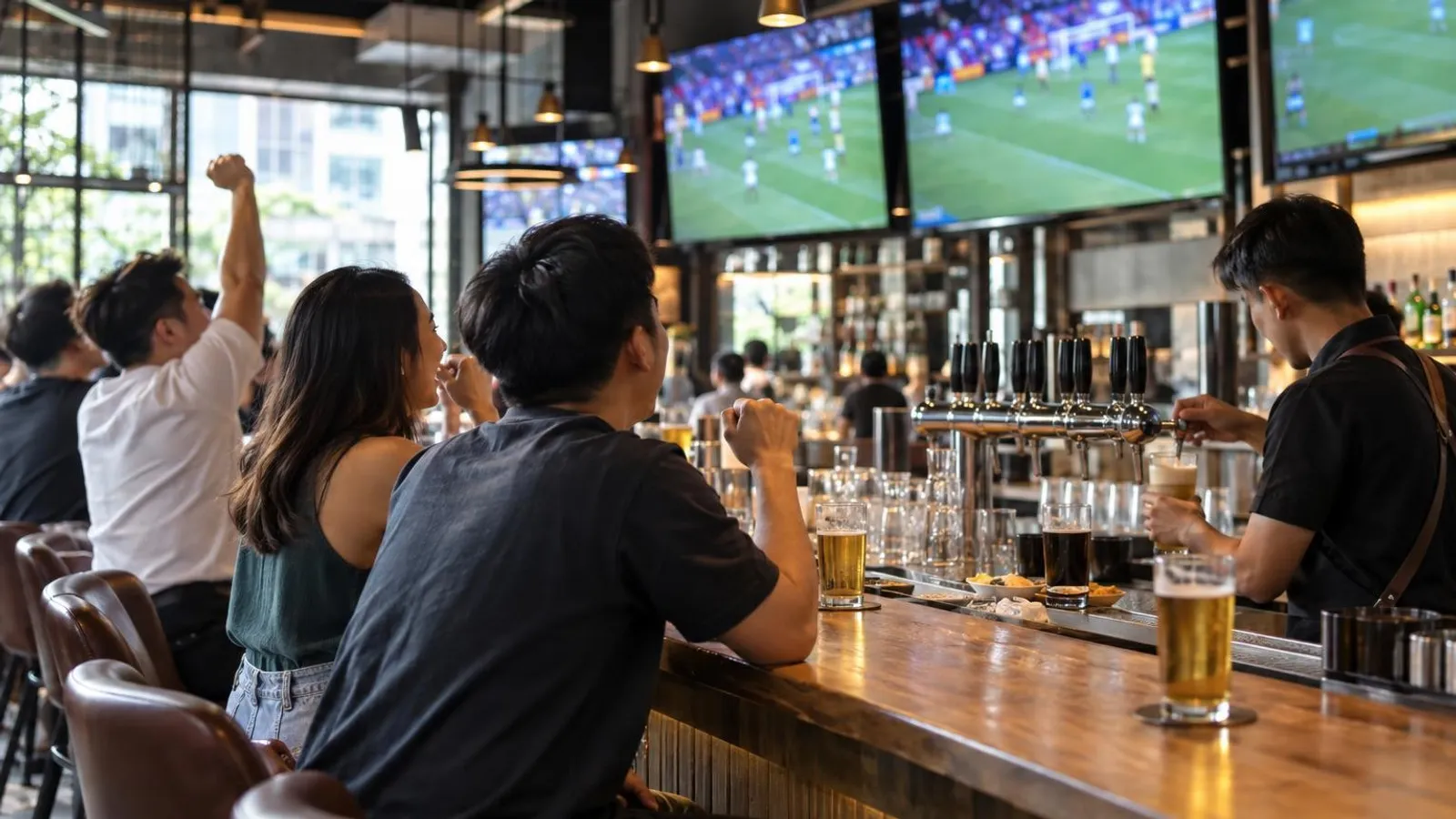 A lively sports bar interior with a wooden bar counter, beer taps and pint glasses and large screens glowing softly in the background