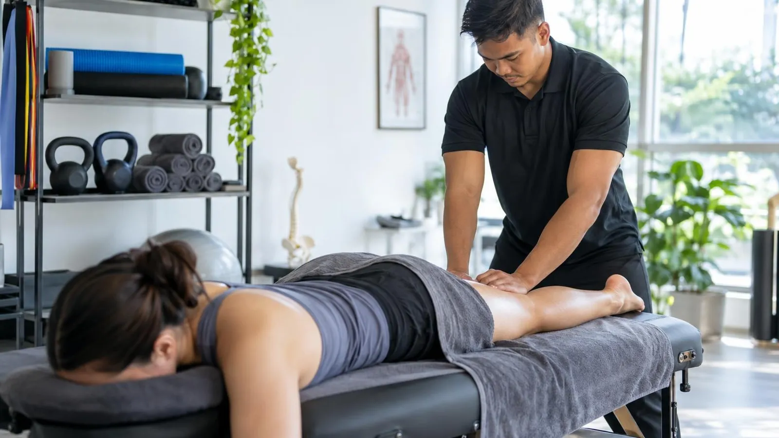 Sports Massage Studios: a customer and a provider in a bright, modern setting