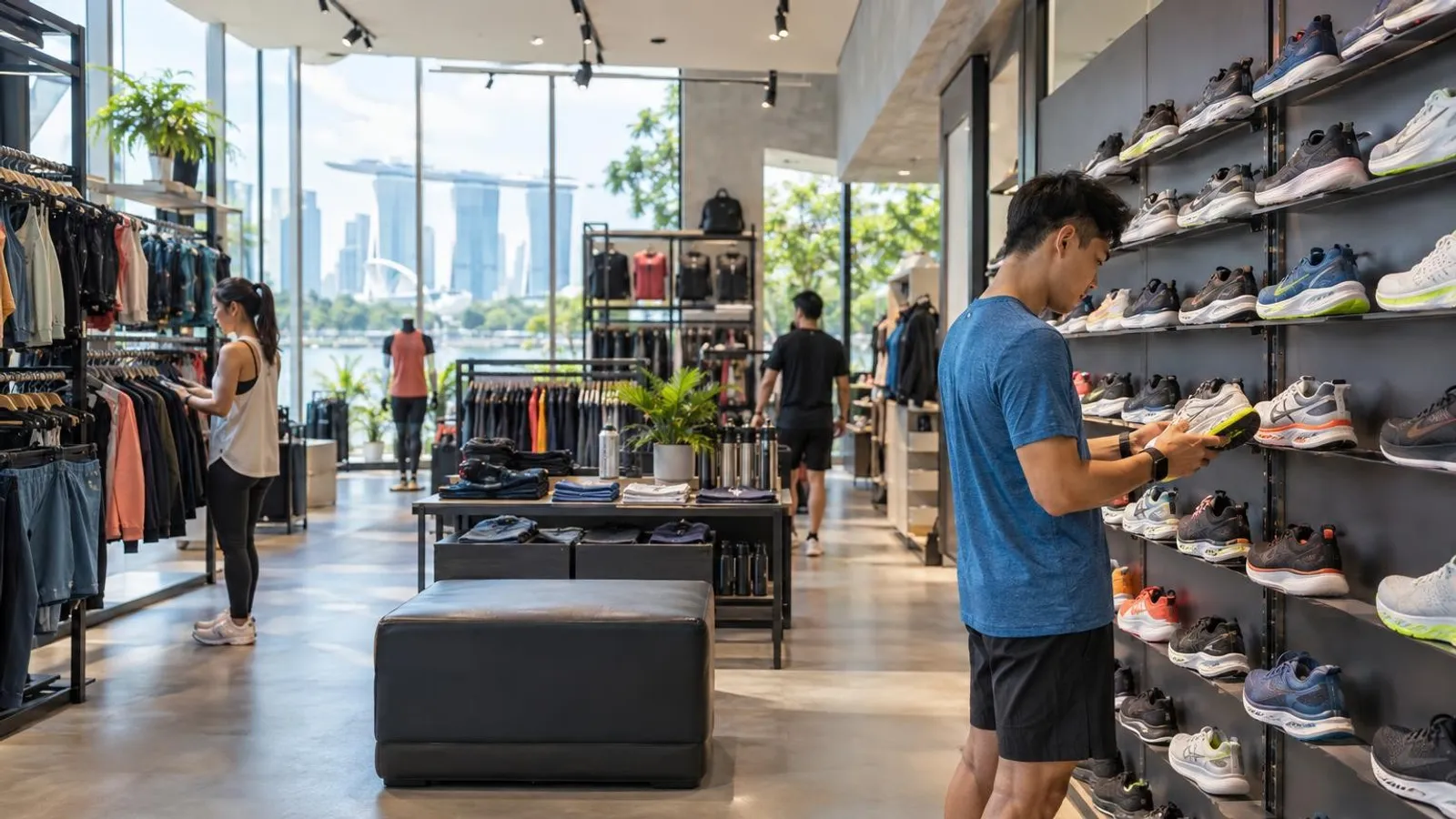 A bright Singapore sports store with walls of running shoes and racks of activewear