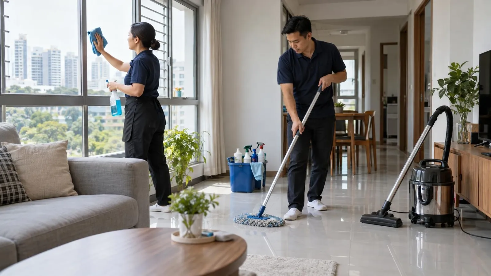 Two home cleaners deep-cleaning a bright HDB flat, one wiping a window and one mopping the floor