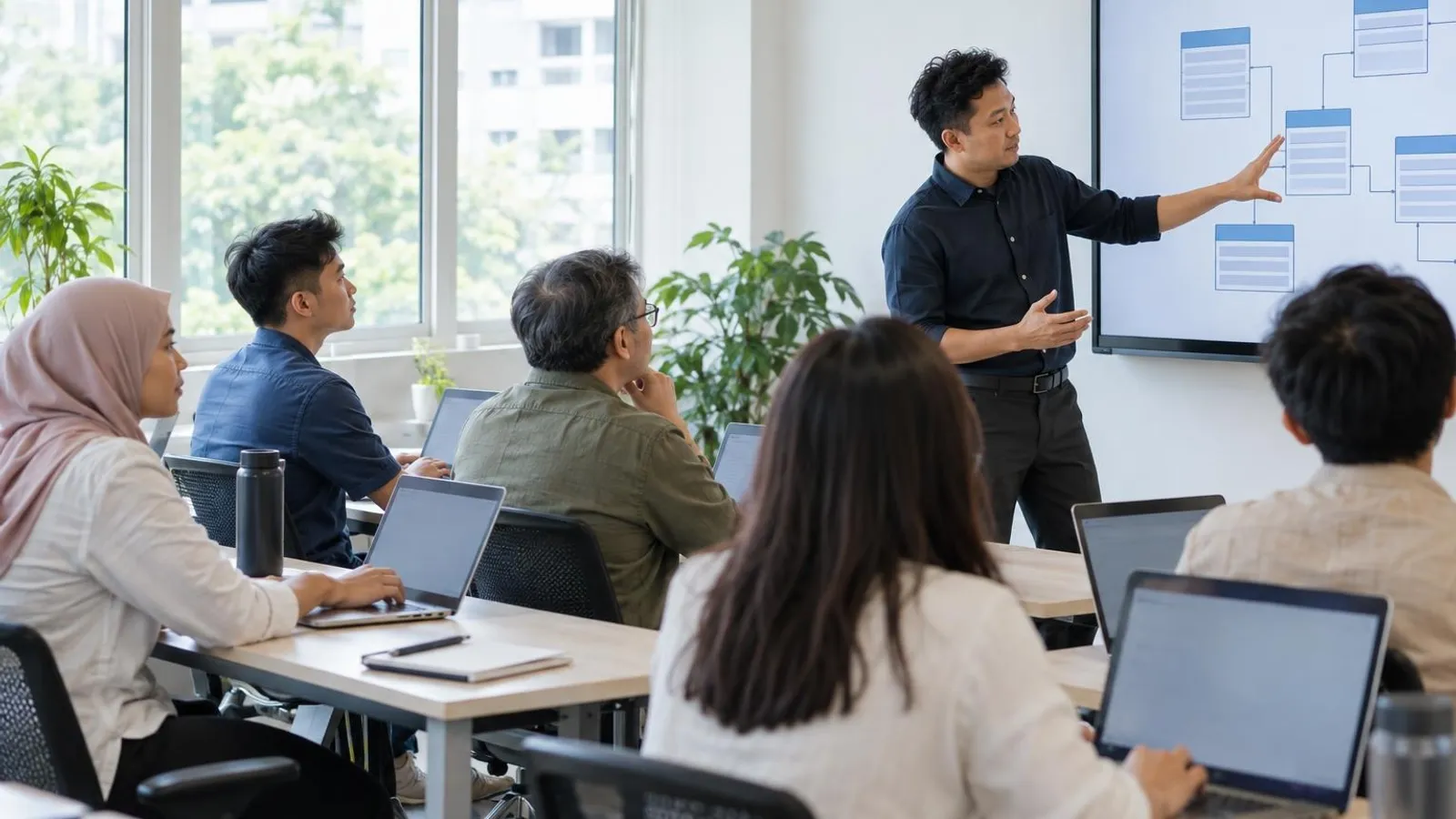 Adult learners at laptops in a bright classroom while an instructor explains a database diagram on a screen