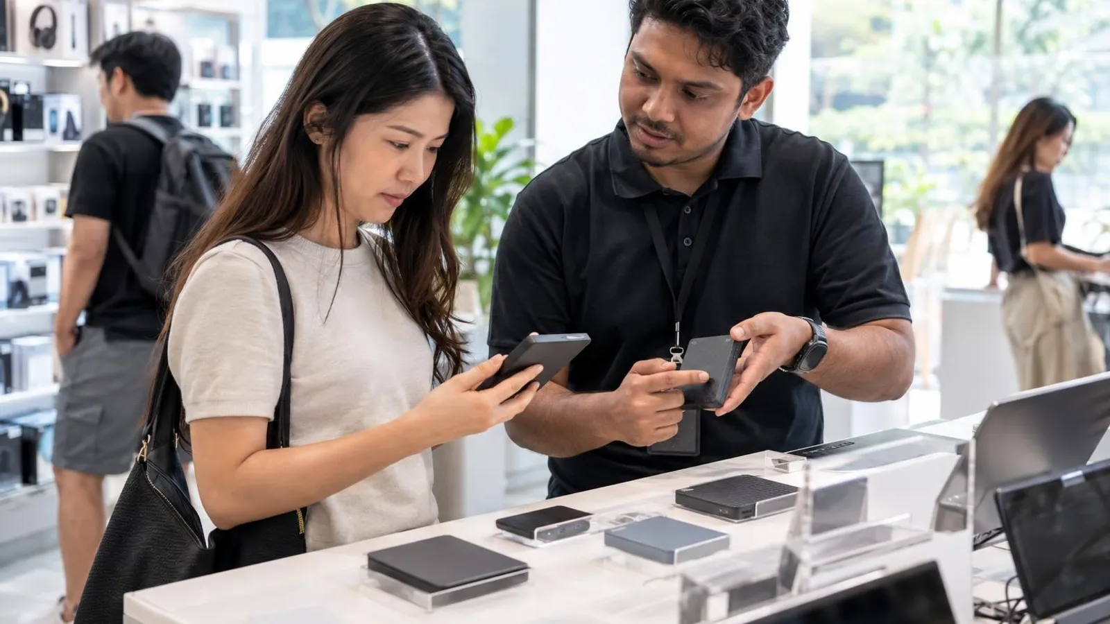 A customer comparing solid-state drives and external hard drives on a bright shop counter while an assistant explains
