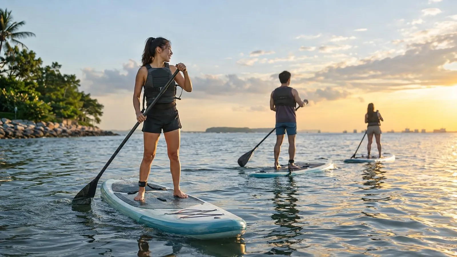 People stand-up paddleboarding on calm coastal water at golden hour in Singapore