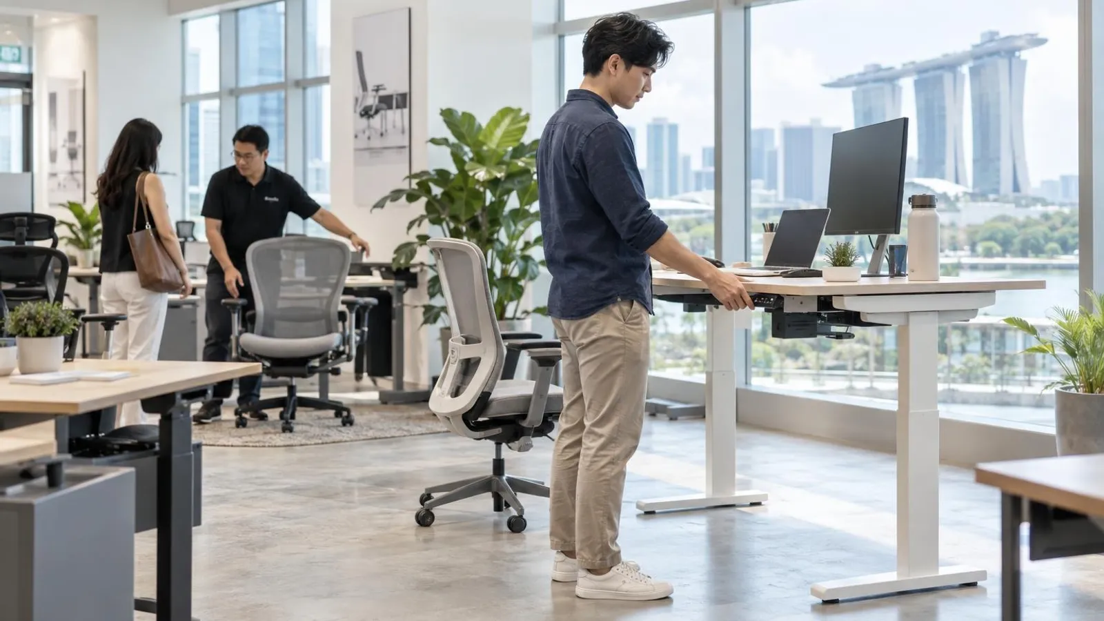 Height-adjustable standing desks and ergonomic chairs arranged in a bright, airy modern Singapore office-furniture showroom in natural daylight