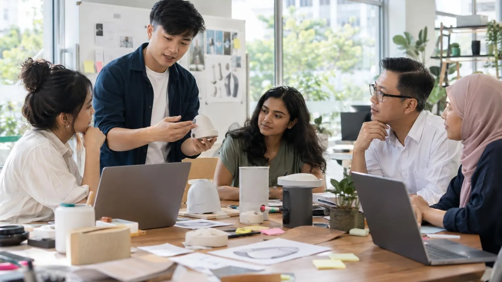 A small team of founders pitching a prototype to mentors around a bright modern workshop table