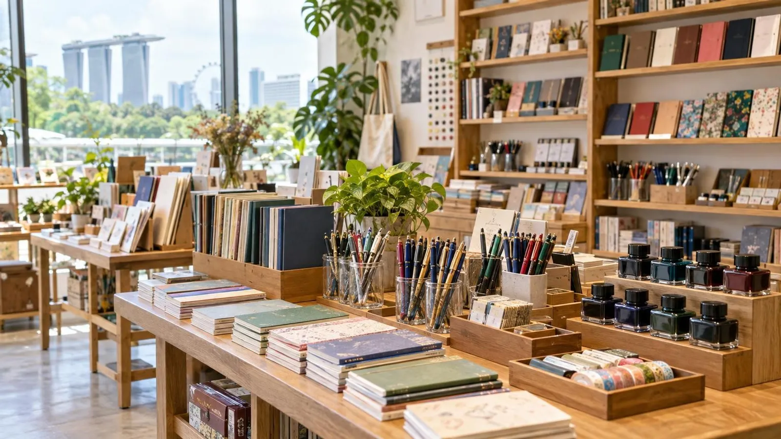 A bright stationery boutique in Singapore with shelves of notebooks, fountain pens and paper goods