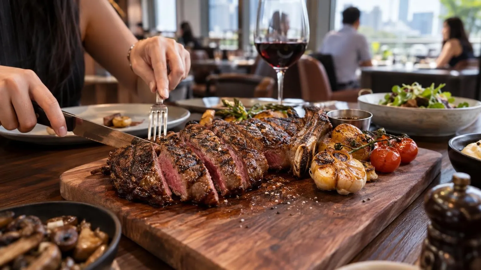 A sliced grilled ribeye steak on a wooden board at a Singapore steakhouse