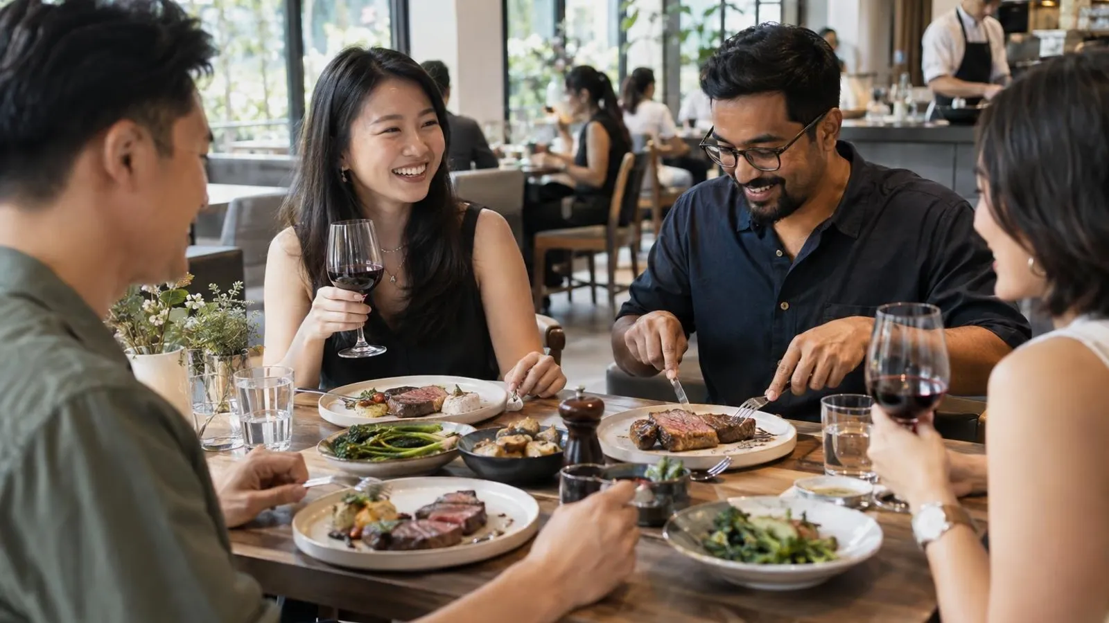 Friends sharing steak and sides over wine at a bright Singapore steakhouse