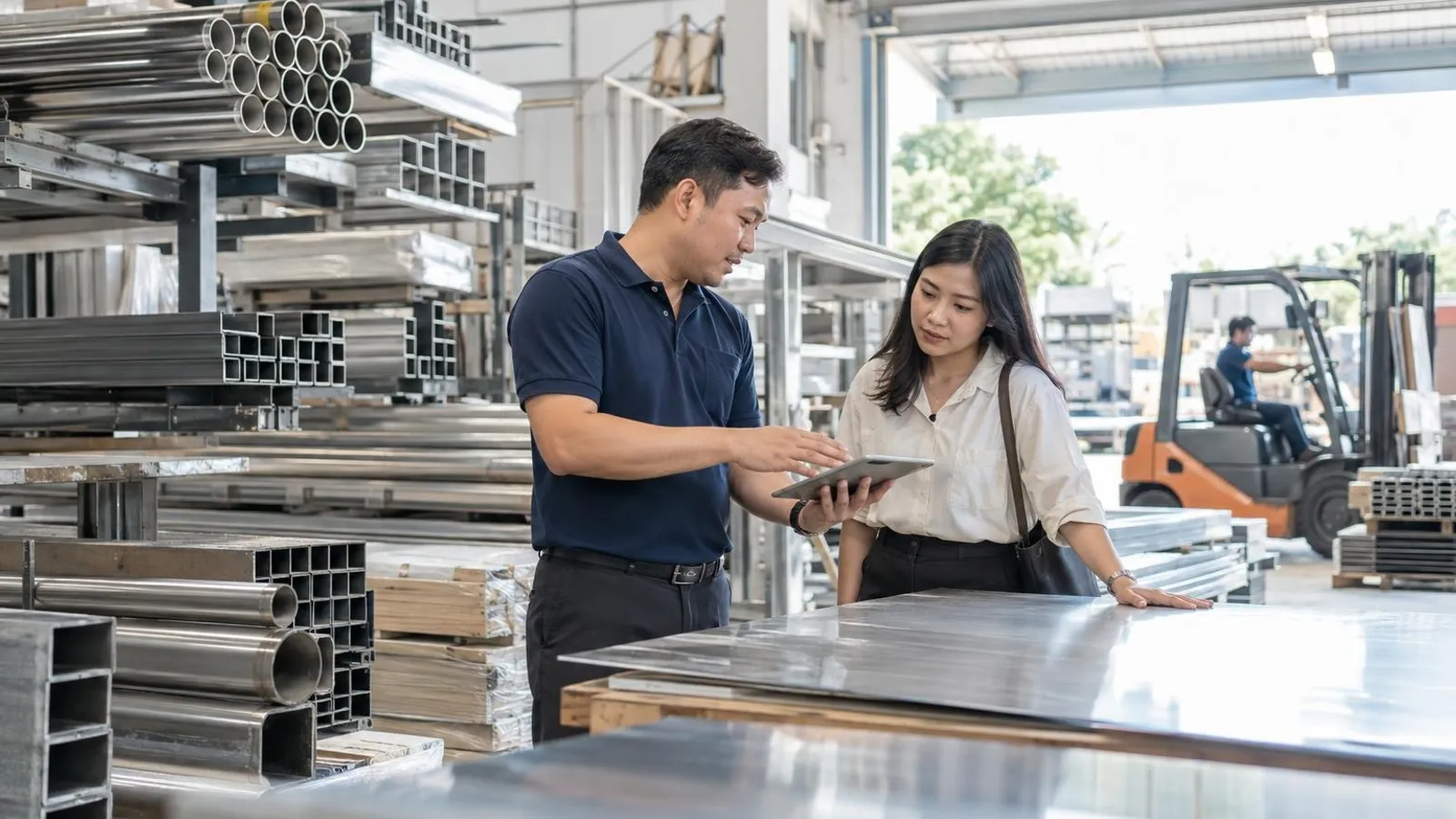 Steel and Stainless Steel Suppliers: a customer and a provider in a bright, modern setting