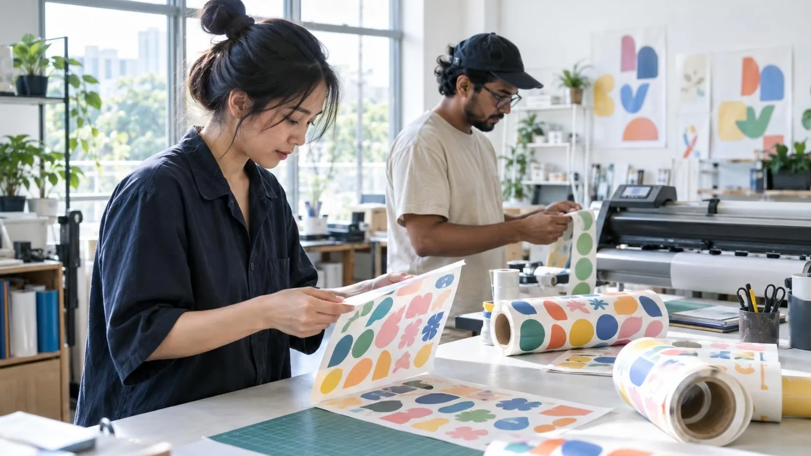 Rolls and sheets of colourful die-cut stickers being checked at a bright print-studio table beside a cutting machine