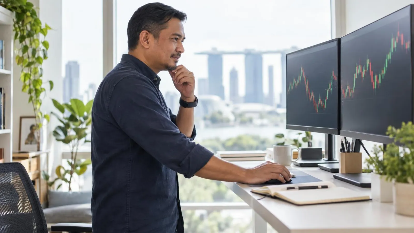 A man at a standing desk with two monitors showing market charts in a bright home office