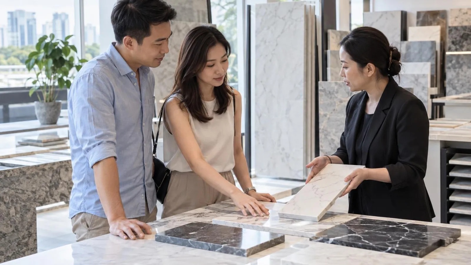 A couple choosing quartz and marble countertop samples with a consultant in a stone showroom
