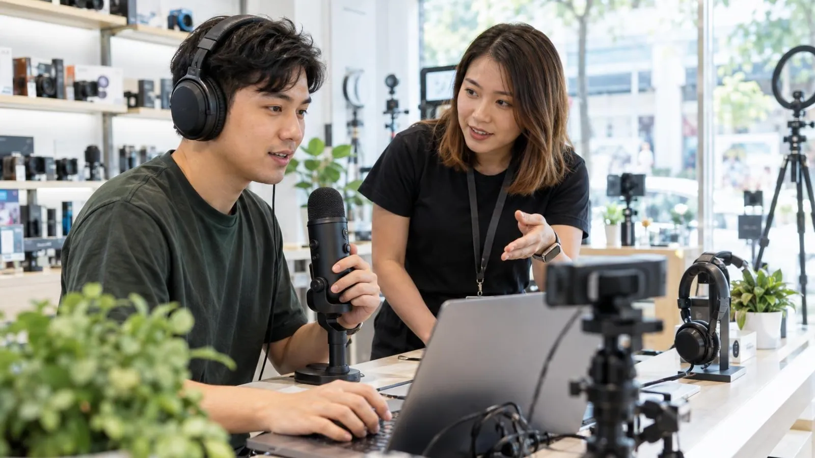 A customer trying a USB microphone and webcam at a bright shop counter while an assistant explains
