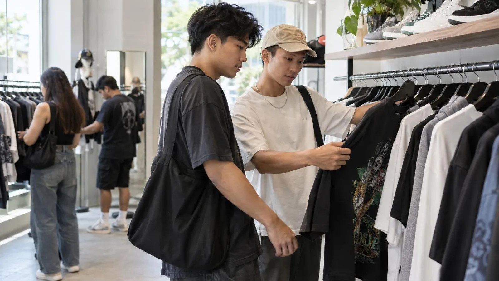 Two young men browsing graphic tees and hoodies in a bright streetwear shop