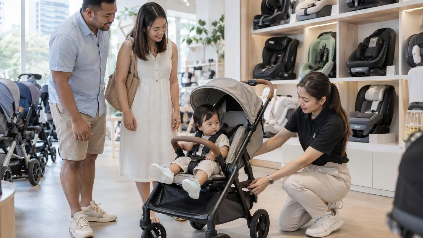A couple with a toddler trying out a stroller in a baby gear showroom with a shop assistant
