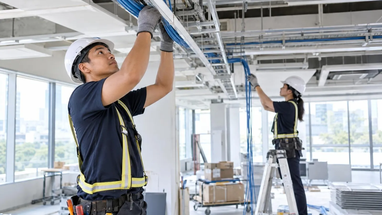 Two technicians in hard hats running network cables through ceiling trunking in a bright office under fit-out