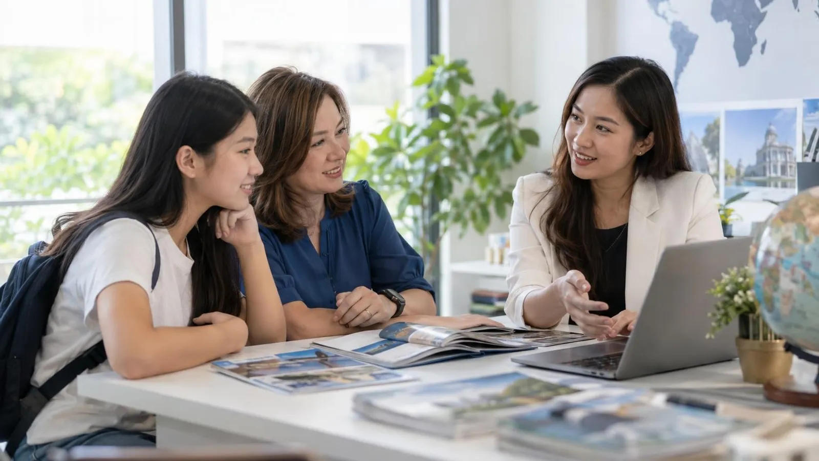 A student and parent speaking with an education consultant at a desk
