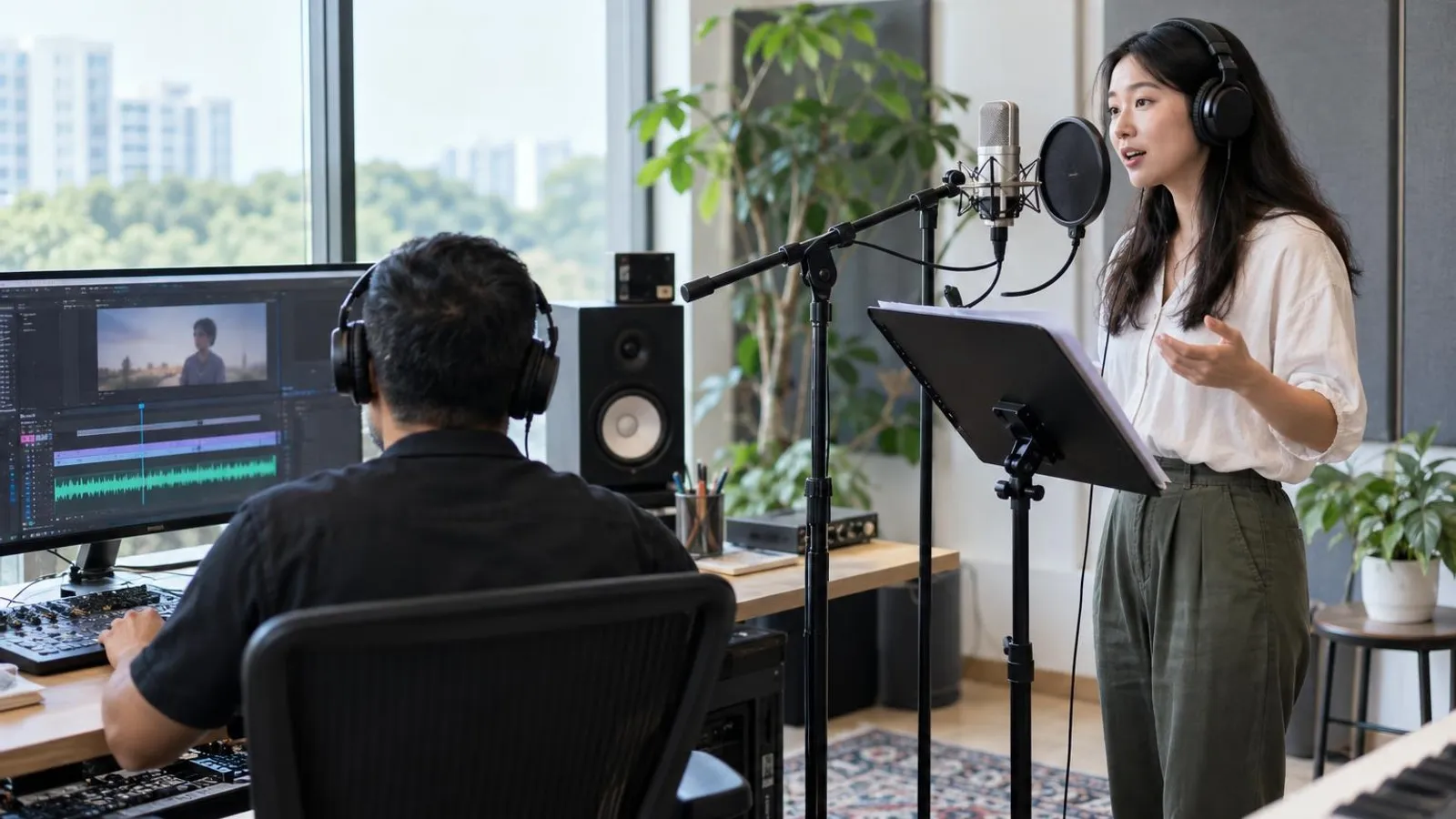 A voice actor recording in a bright small studio with headphones while an engineer watches a video timeline