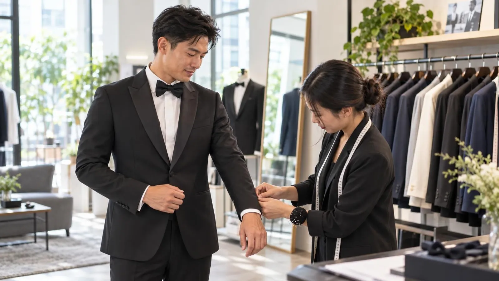 Suit and Tuxedo Rental Shops: a customer and a provider in a bright, modern setting