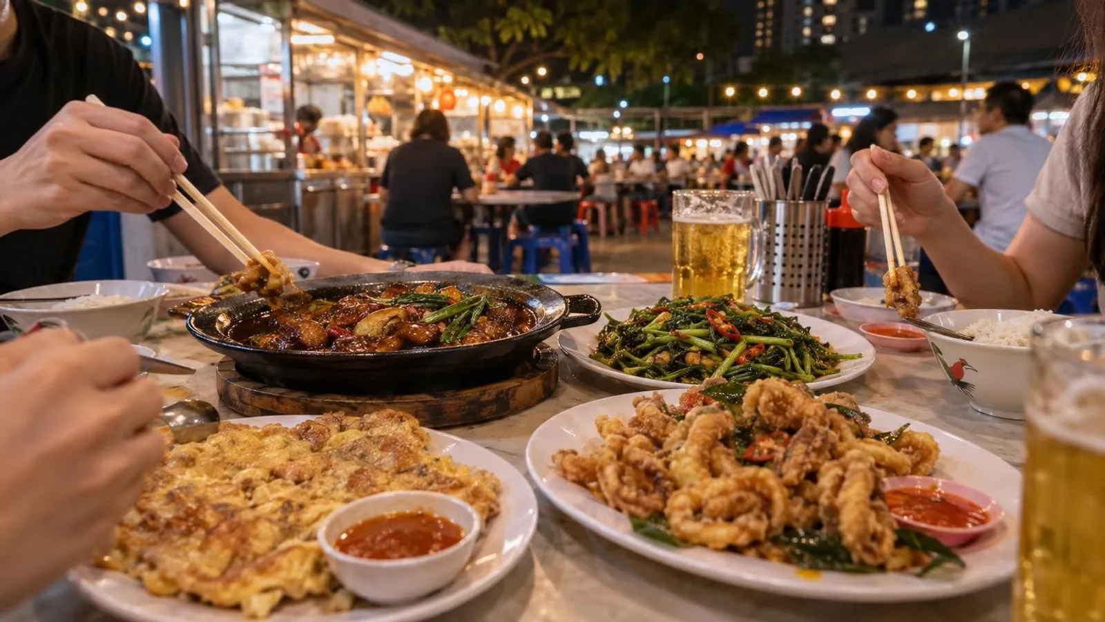 A lively late-night supper spread of zi-char and hawker dishes on a table in Singapore