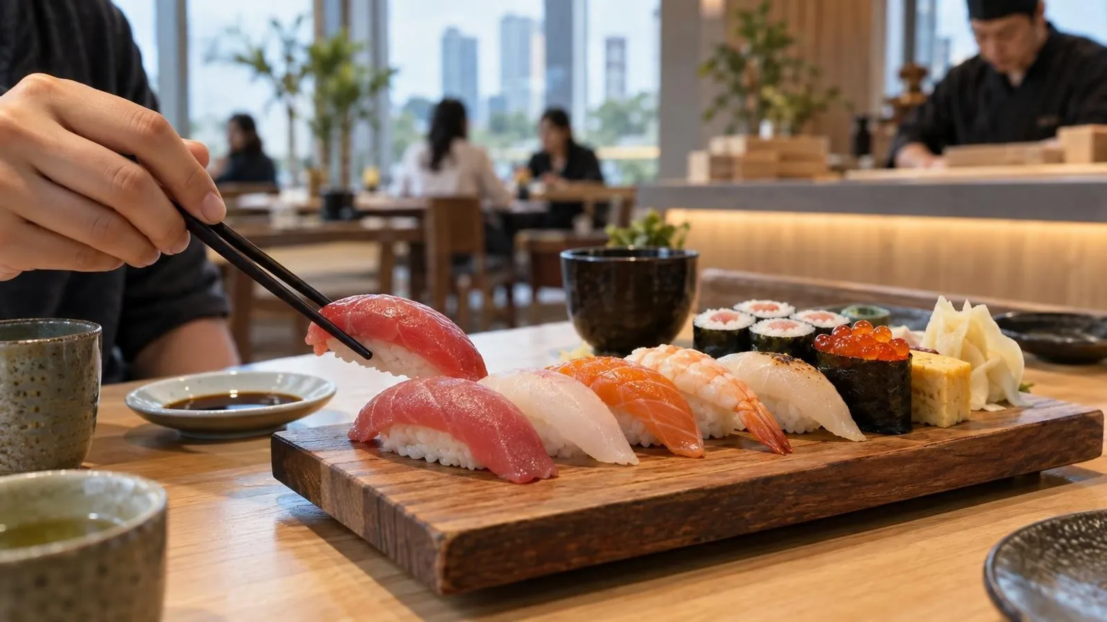 A fresh assortment of nigiri and maki sushi on a wooden board at a Singapore sushi restaurant