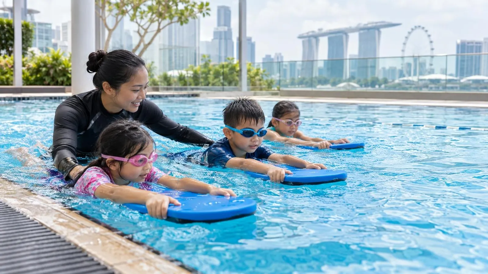 A swim instructor teaching children with kickboards in a bright Singapore swimming pool
