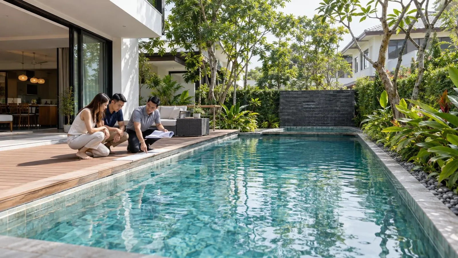 A finished residential swimming pool with landscaping at a Singapore landed home