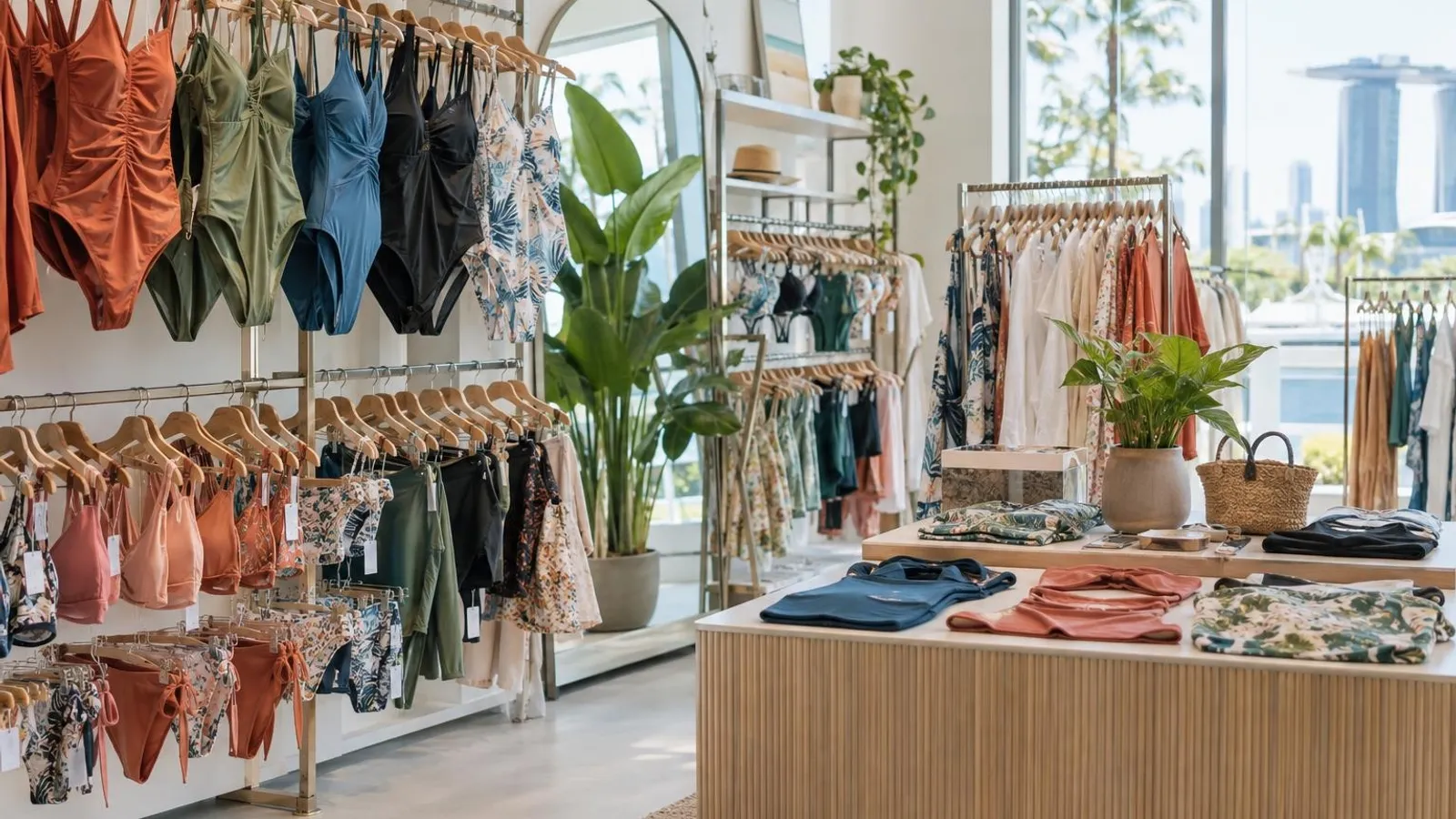 Racks of colourful swimwear and bikinis neatly displayed in a bright airy modern Singapore swimwear boutique