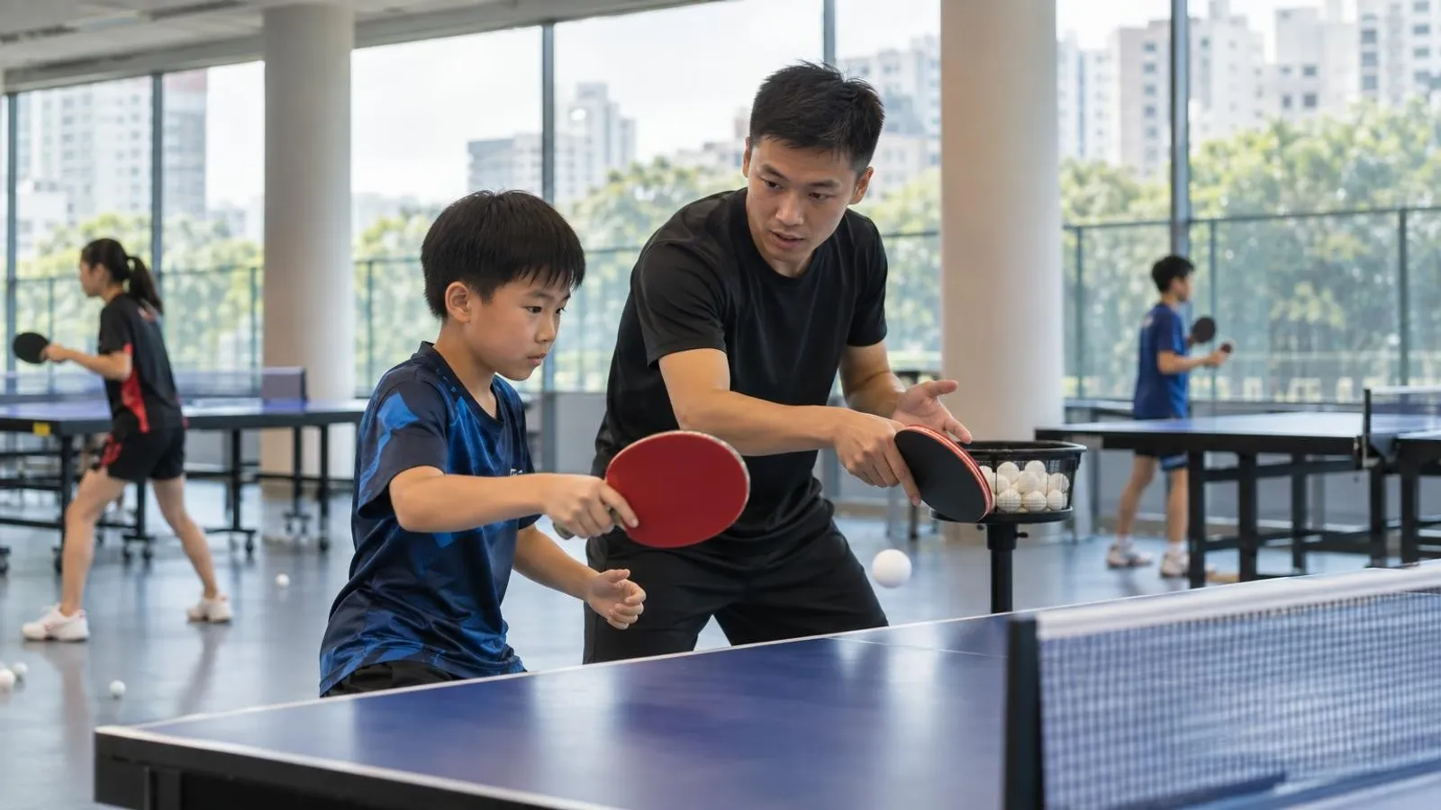 A table tennis coach guiding a young player stroke at a Singapore training hall
