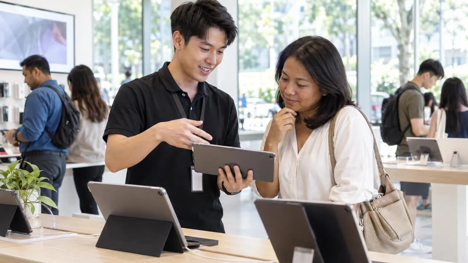 A shop assistant demonstrating a tablet to a customer at a bright electronics store counter
