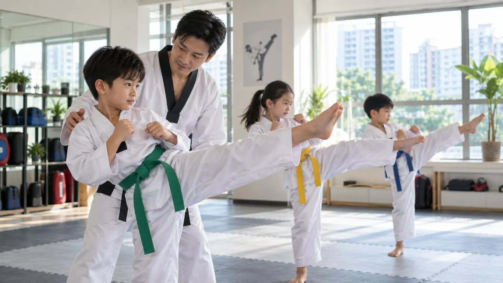 Students in white taekwondo doboks practising a high kick in a bright modern Singapore dojang while an instructor guides them