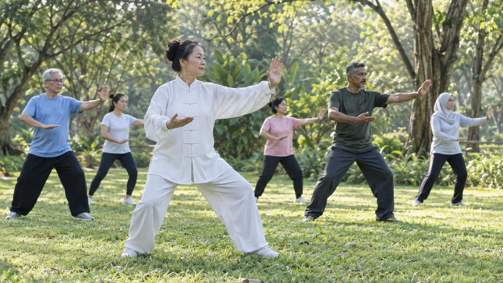 Adults of mixed ages practising tai chi on a park lawn led by an instructor