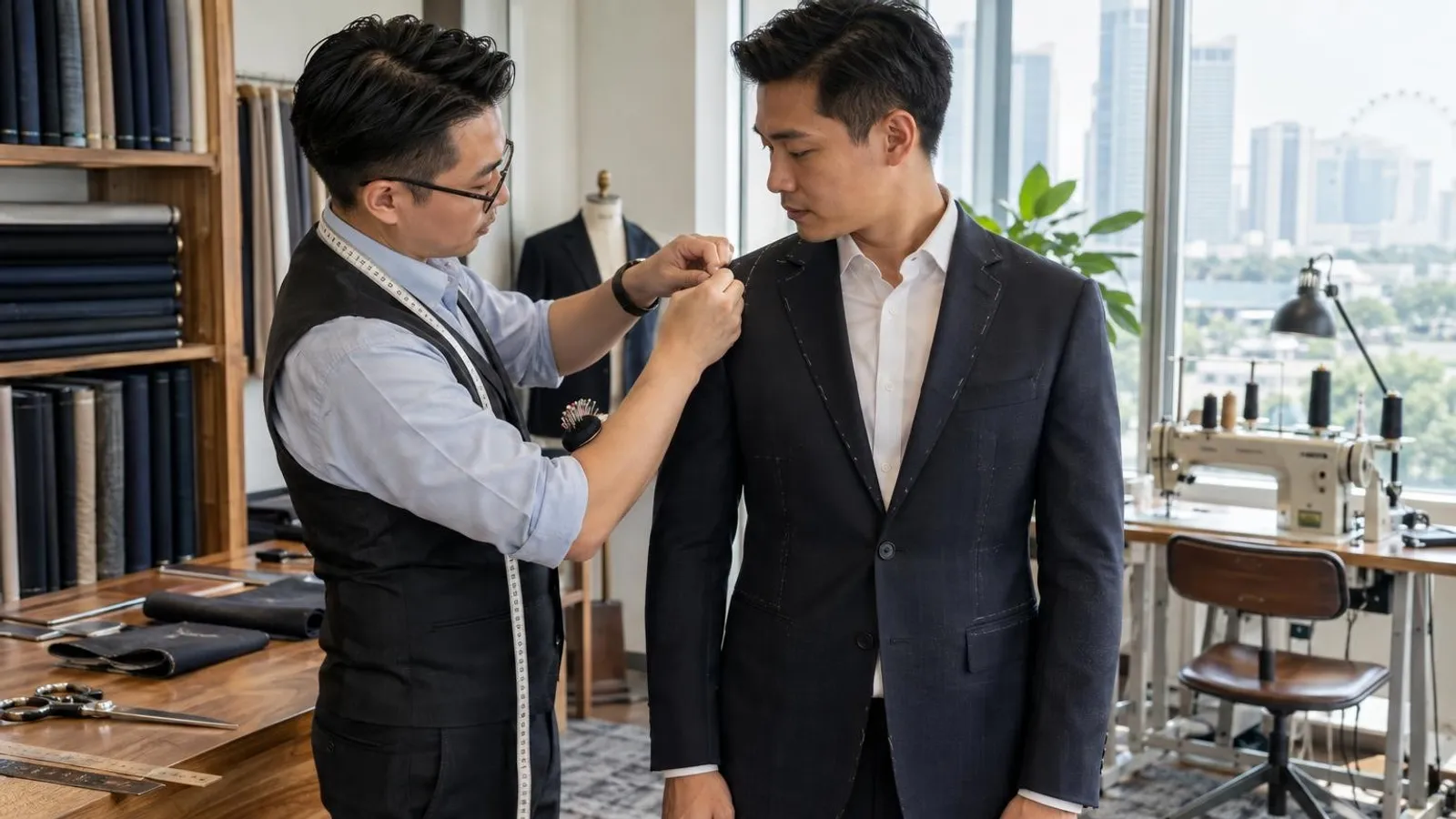 A tailor fitting a bespoke suit jacket at a Singapore tailoring shop