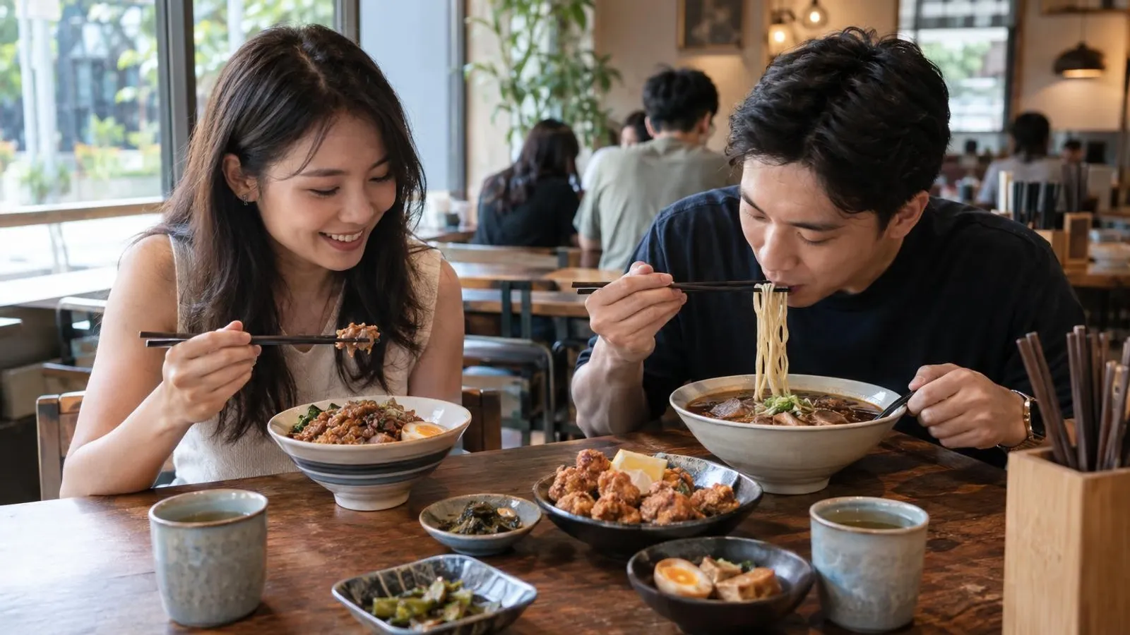 A Taiwanese meal of braised pork rice and beef noodle soup with side dishes at a Singapore eatery