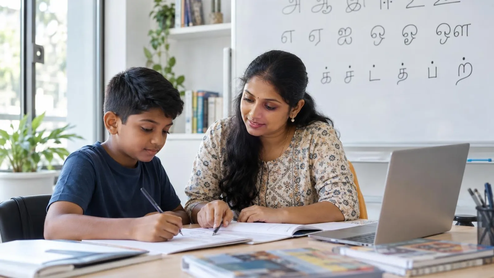 Tamil Classes: a customer and a provider in a bright, modern setting