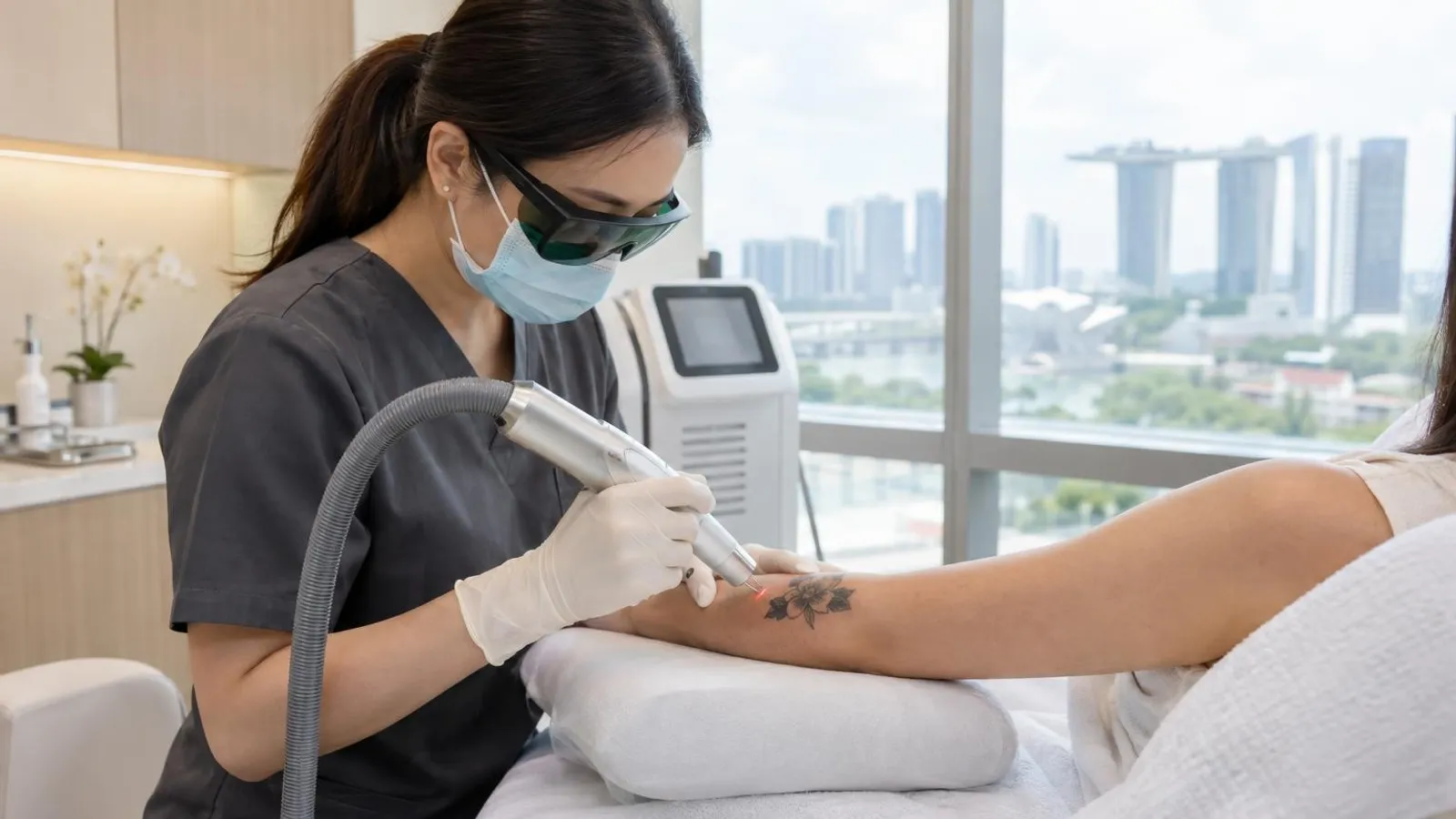 A bright modern laser tattoo removal treatment room in a Singapore aesthetic clinic