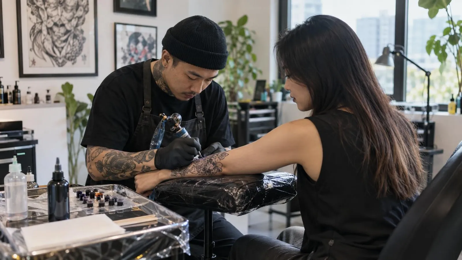 A tattoo artist tattooing a design on a client forearm at a clean modern Singapore studio
