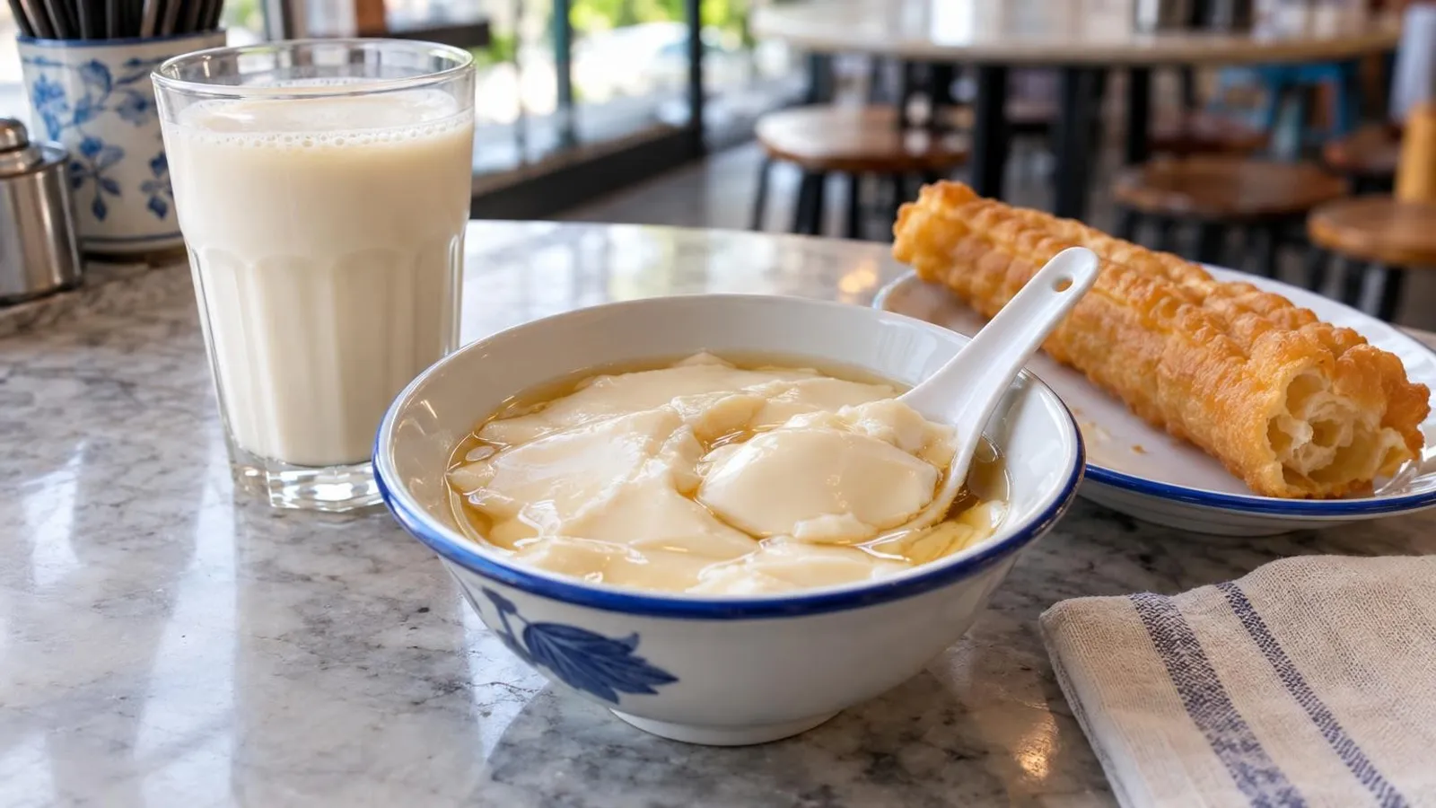A bowl of silky Singapore tau huay beancurd with syrup, beside soya milk and youtiao