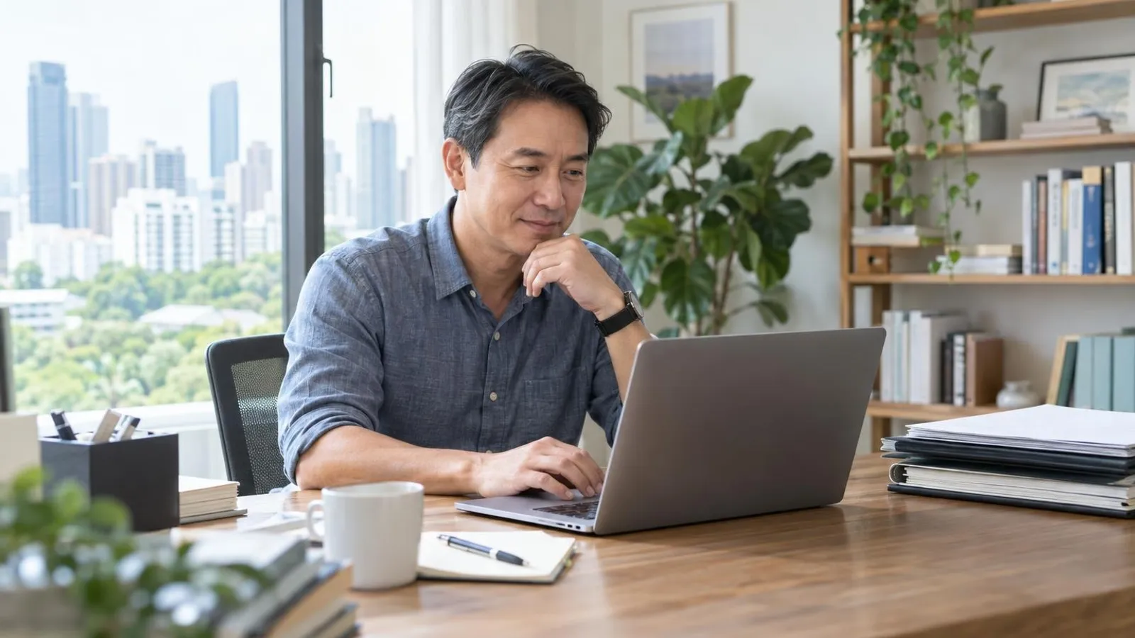 A man working through folders and a laptop at a tidy home desk in daylight