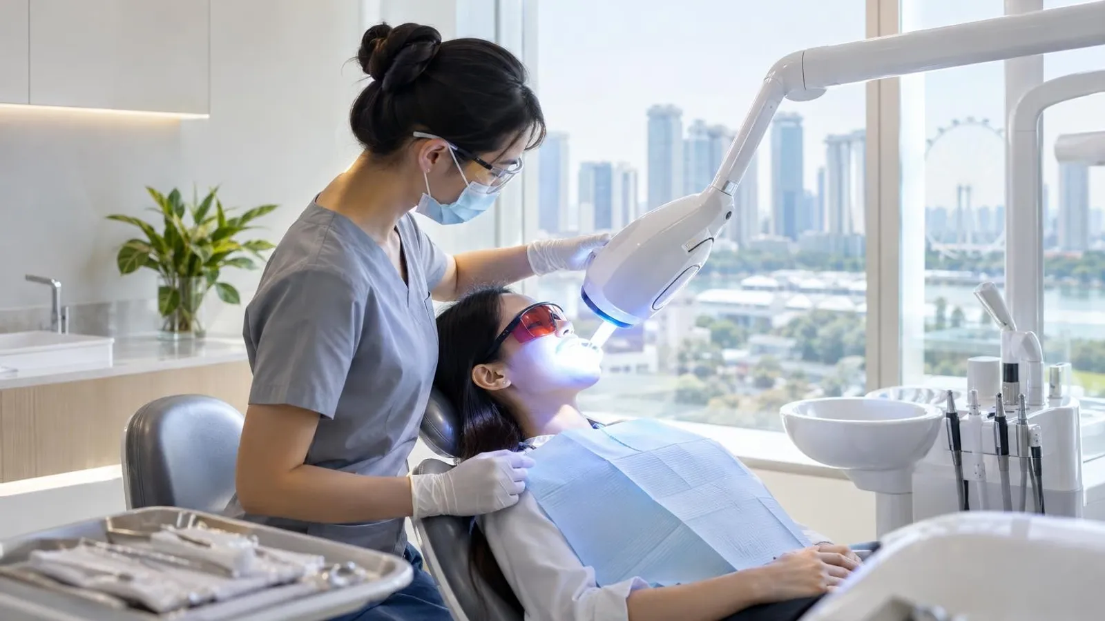 A bright modern dental clinic in Singapore set up for teeth whitening with a whitening lamp